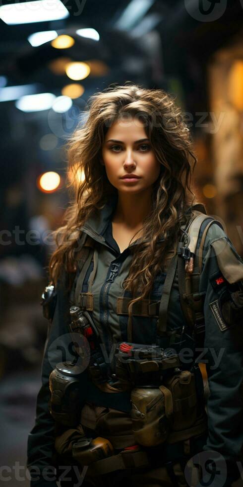 AI generated Beautiful young girl in full length military uniform with weapon in hands.Powered by Artificial Intelligence photo