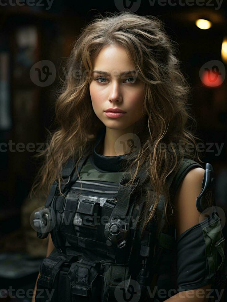 AI generated Beautiful young girl in full length military uniform with weapon in hands.Powered by Artificial Intelligence photo
