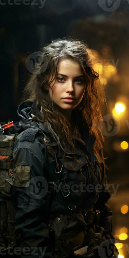AI generated Beautiful young girl in full length military uniform with weapon in hands.Powered by Artificial Intelligence photo