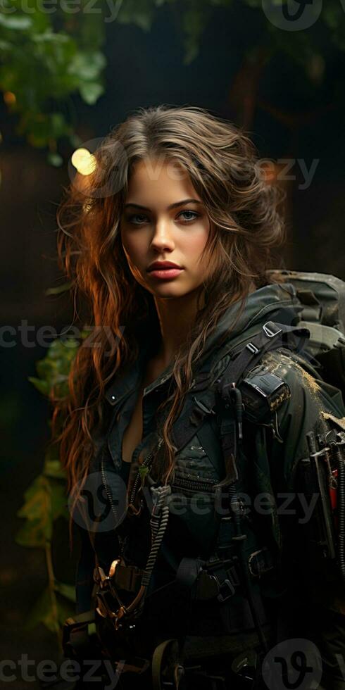 AI generated Beautiful young girl in full length military uniform with weapon in hands.Powered by Artificial Intelligence photo