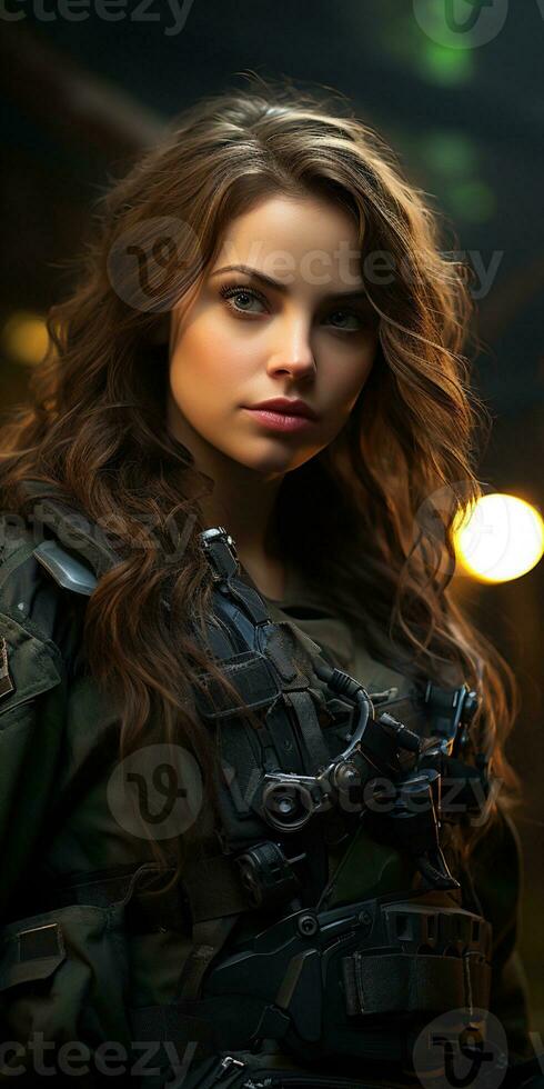 AI generated Beautiful young girl in full length military uniform with weapon in hands.Powered by Artificial Intelligence photo