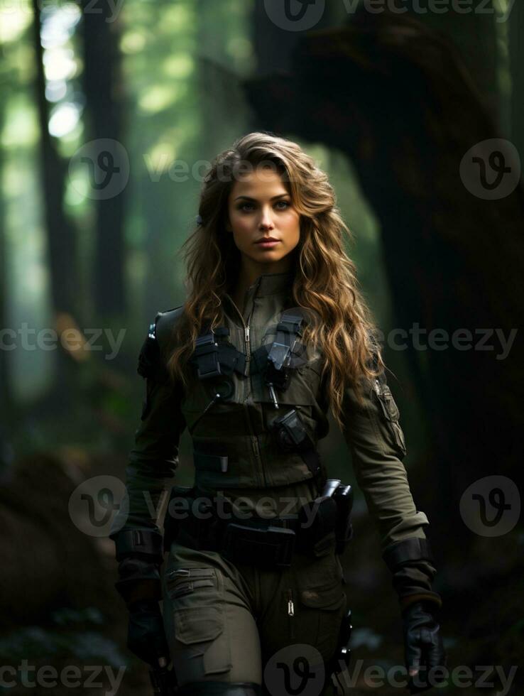 AI generated Beautiful young girl in full length military uniform with weapon in hands.Powered by Artificial Intelligence photo