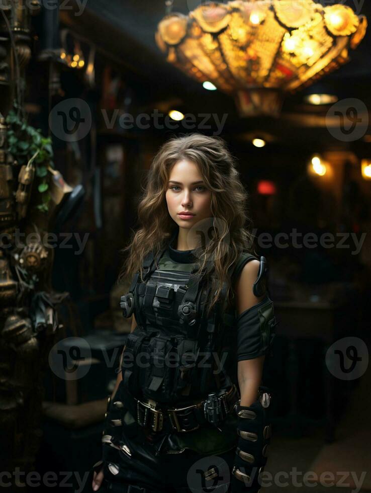 AI generated Beautiful young girl in full length military uniform with weapon in hands.Powered by Artificial Intelligence photo
