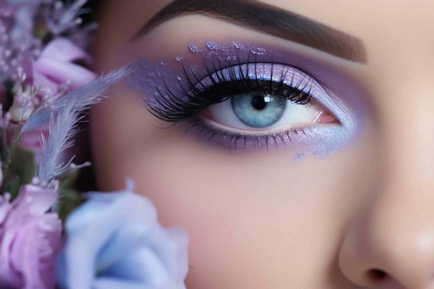AI generated Lilac Luster Close Up of Bride's Makeup in Soft Periwinkle Tones photo
