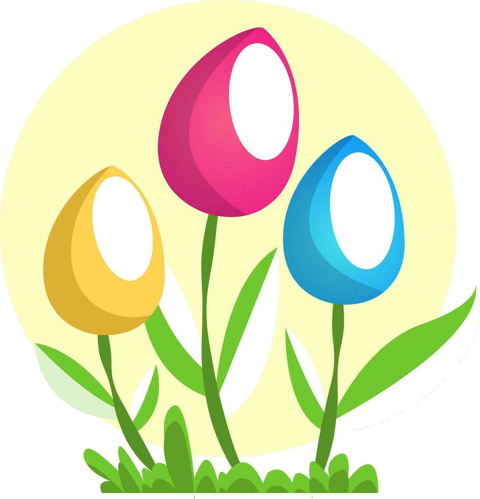 Yellow pink and blue Easter eggs on flower stems illustration web vector on a white background