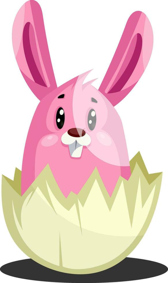 Pink Easter bunny in cracked eggshell illustration web vector on a white background