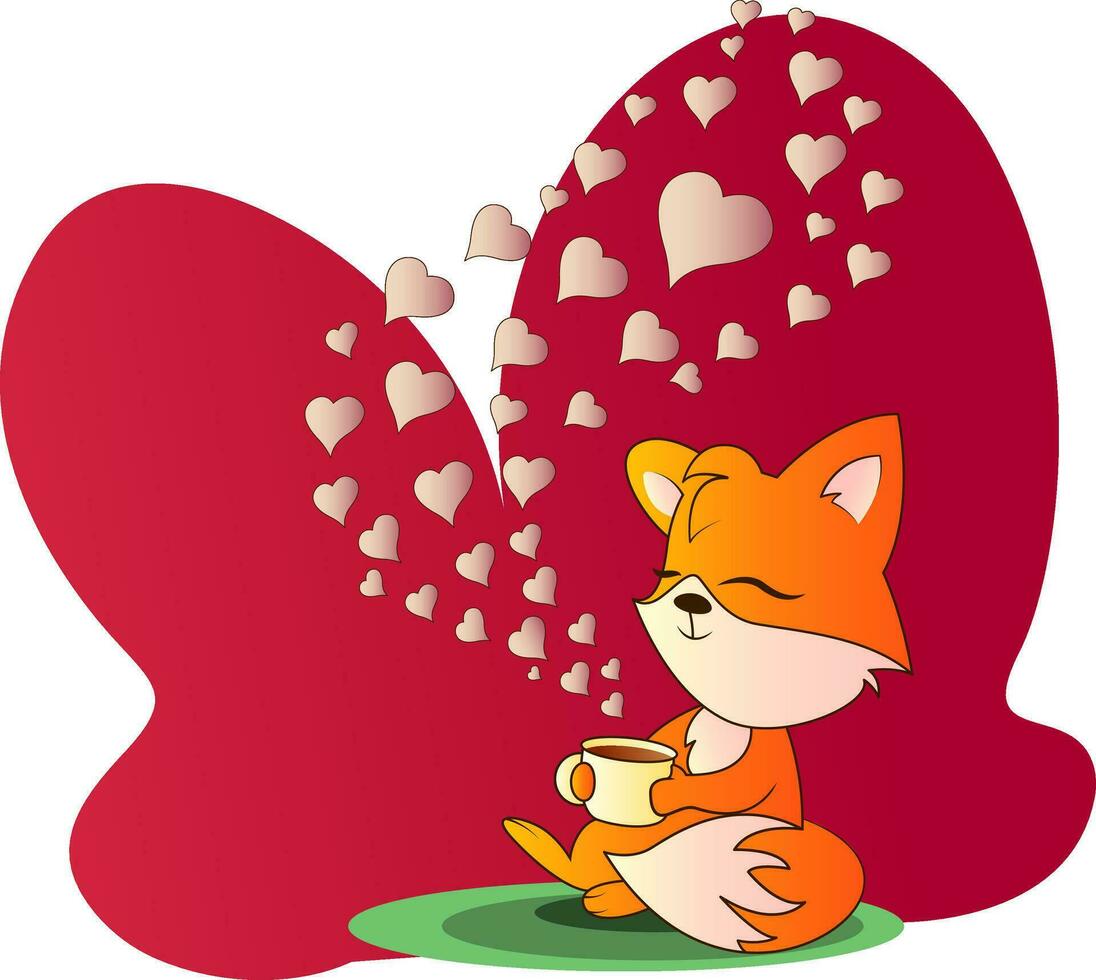 Fox sitting and drinking a cup of coffee vector illistration in red blob on white background.
