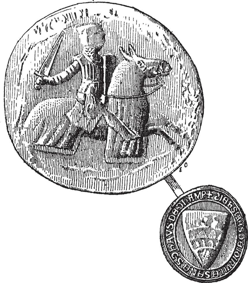 Seal against seal, Jean, Sire de Joinville died in 1317, vintage engraving. vector