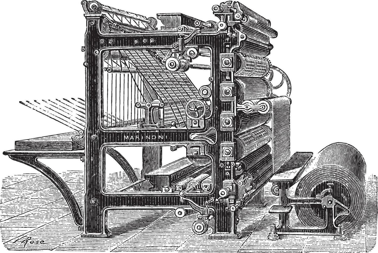 Marinoni Rotary printing press vintage engraving vector