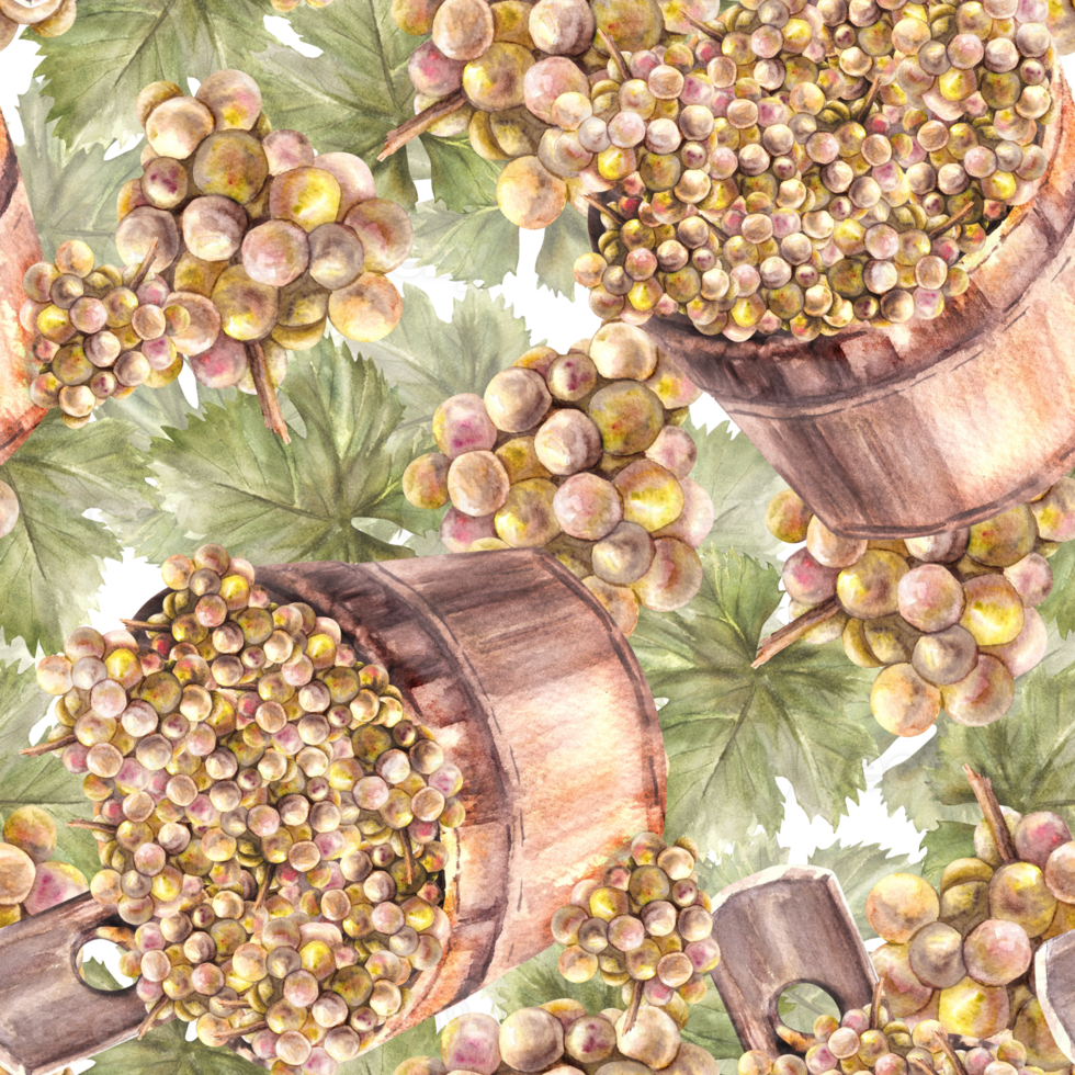 Watercolor seamless pattern. Bunch of green grapes, leaves with wooden bucket with the grape harvest. Grapevine hand painted. Wrapping paper, labels. Botanical illustration png