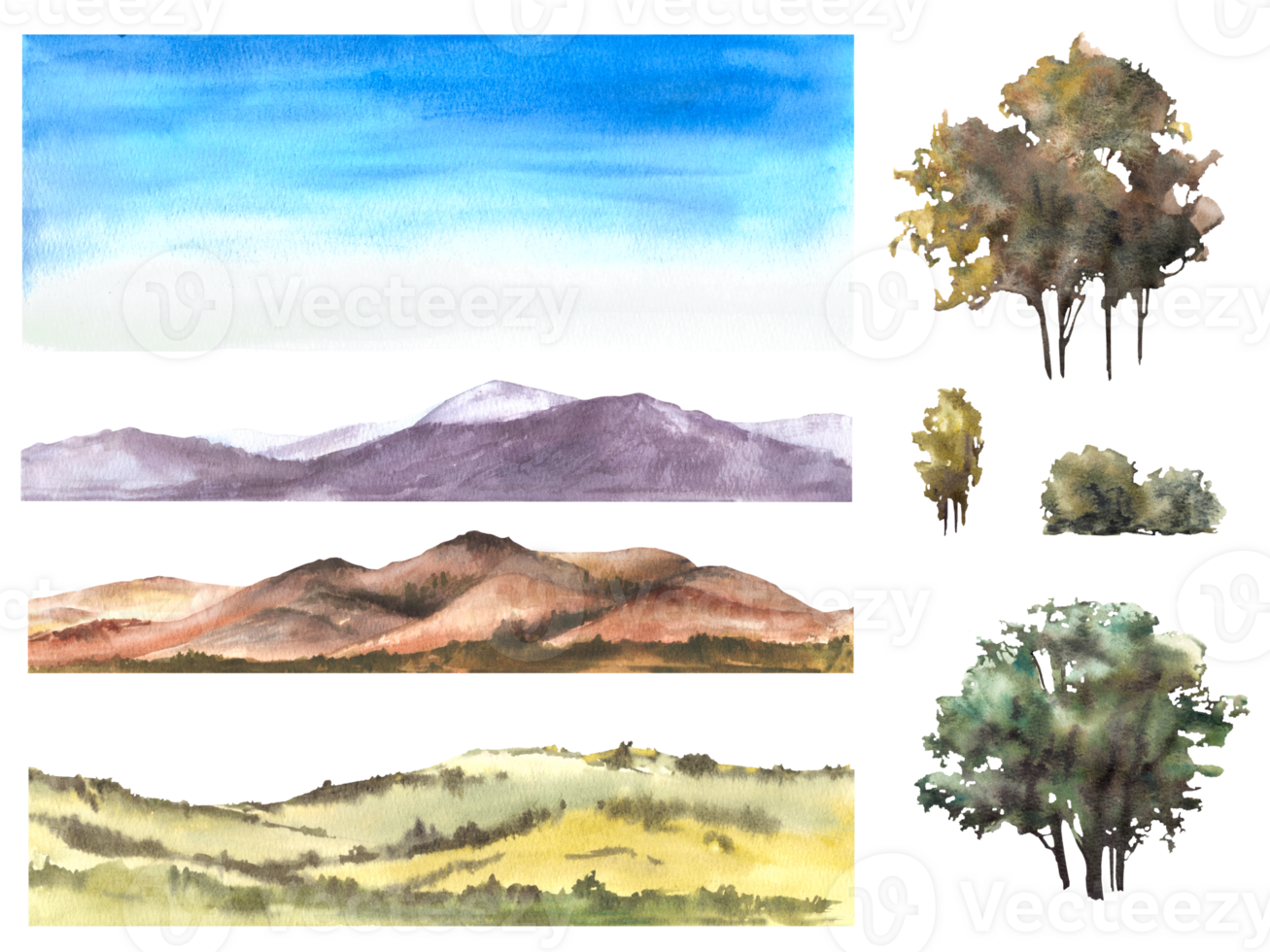 Watercolor landscape with with field, bushes, trees, hills, sky and mountains. Constructor assemble yourself, winemaking template label, card print. Hand draw illustration. png