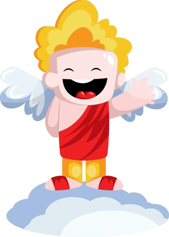 Cute vector illustration of smiling cupid dressed in red standing on a cloud and waving white background.