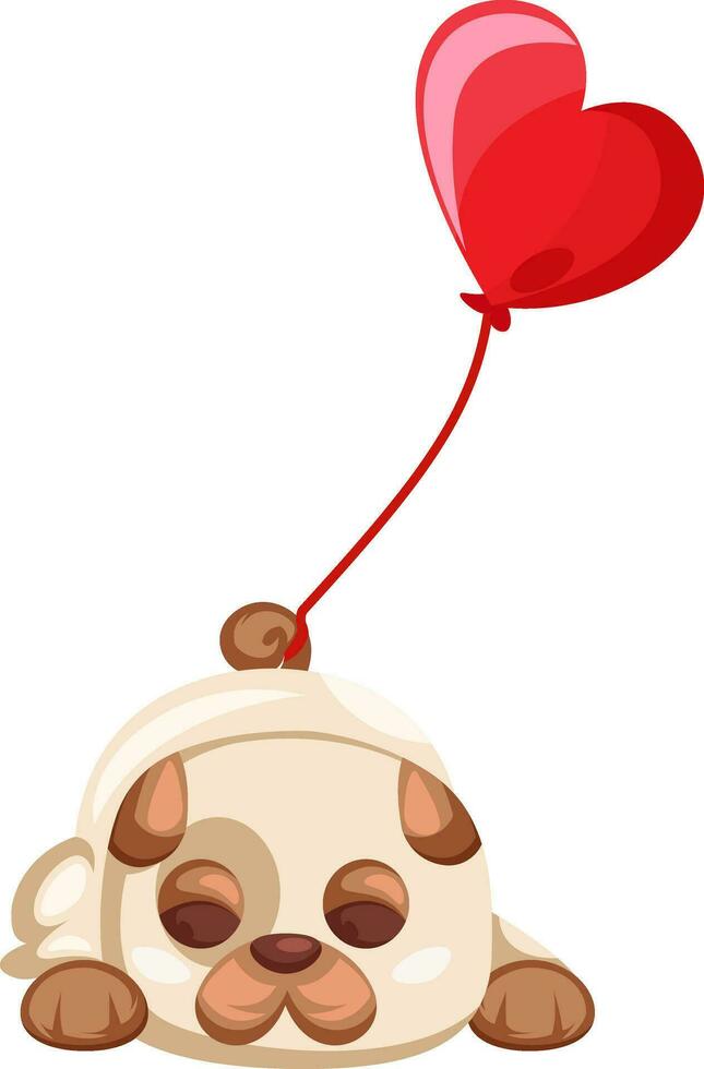 Brown and white puppy laying with a big red balloon tied on his tail vector illistration on white background.