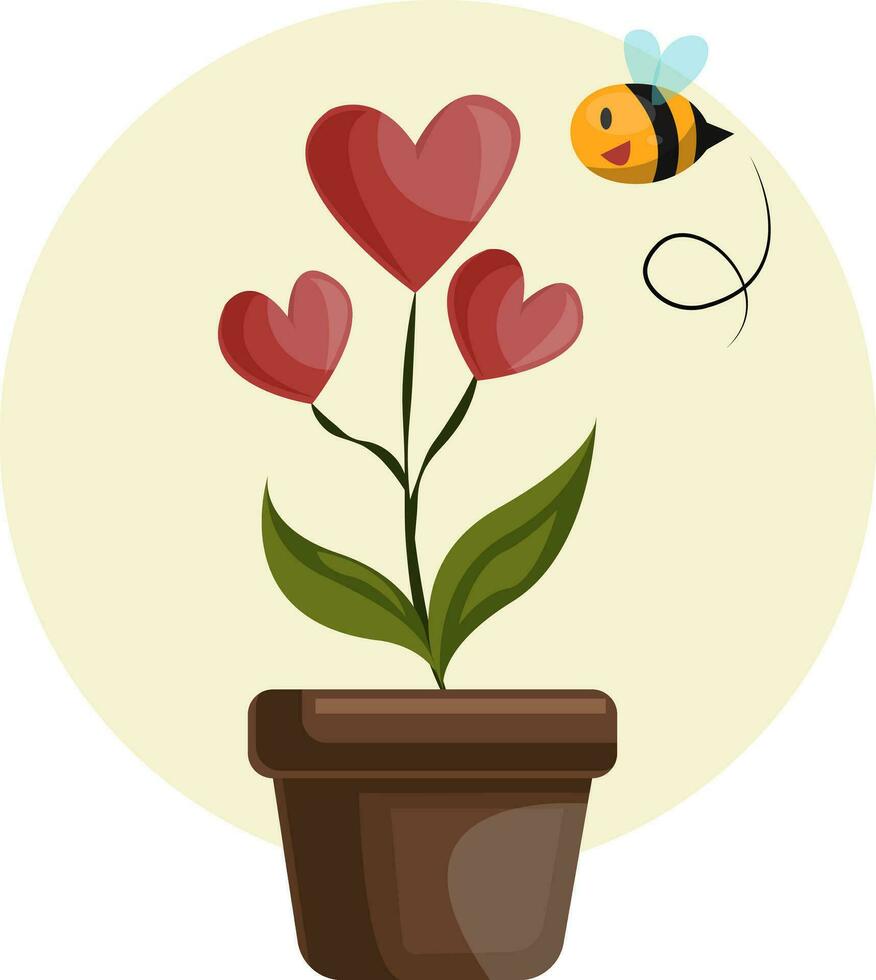 House plant with hearts in stead of flowers grren leafs and flying bee vector illustration on white background.