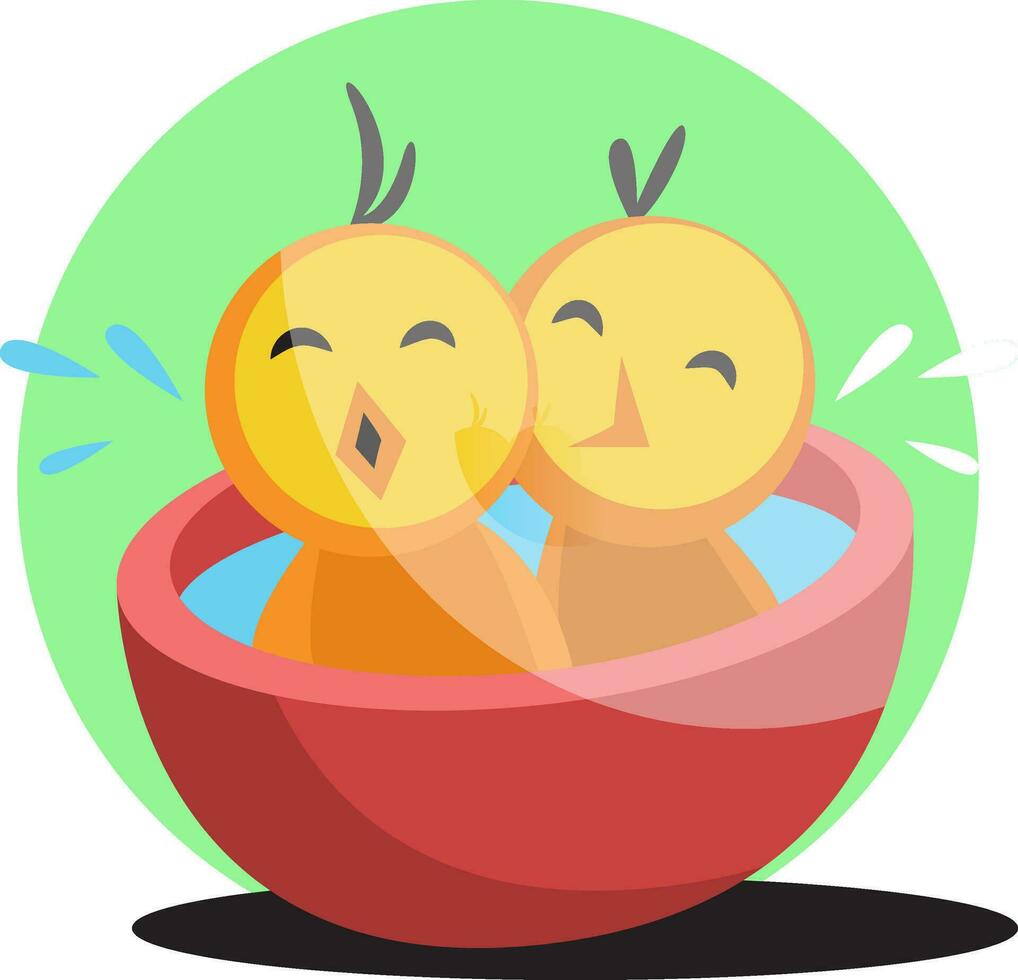 Two cute yellow chick bathing illustration web vector on white background