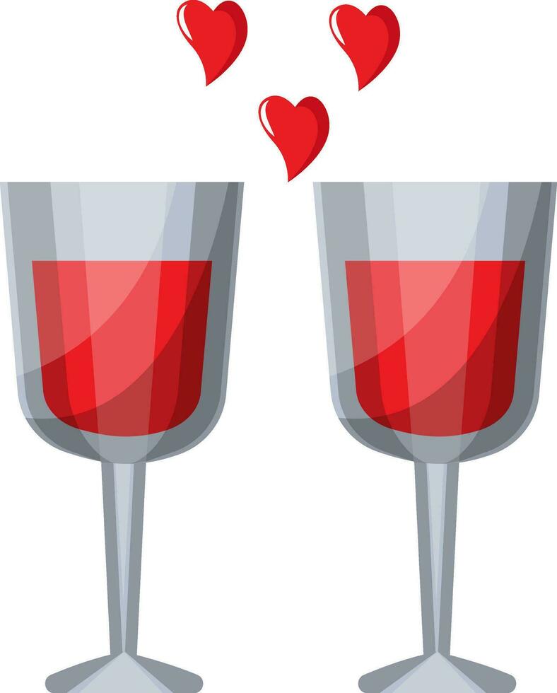 Two wine glasses with red liquid and red hearts vector illustration on white background.