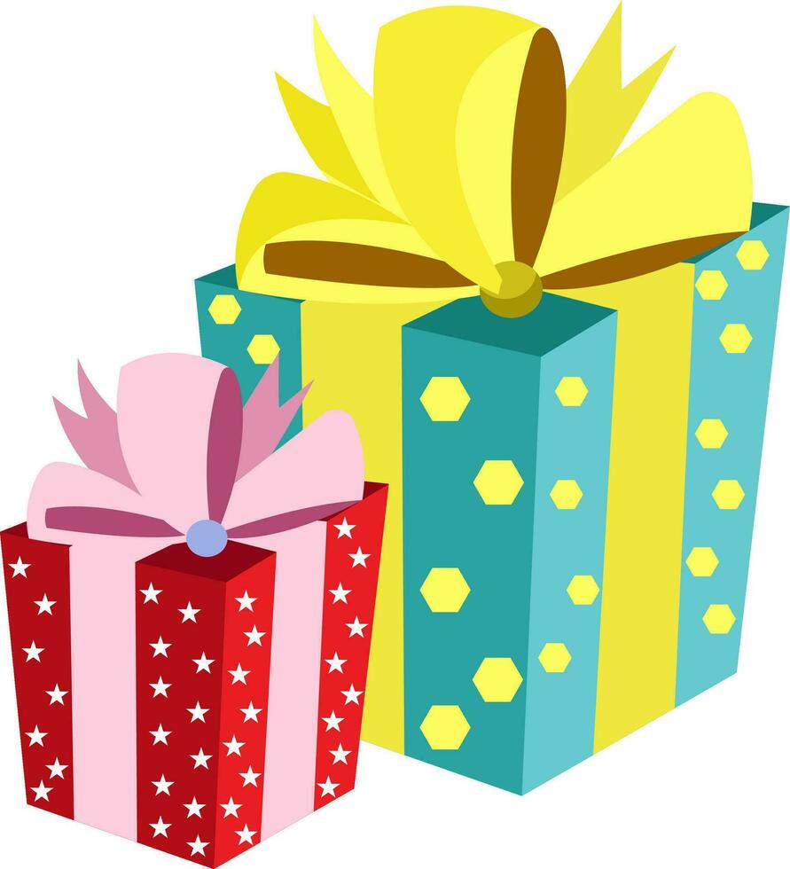 One big gift box with turquoise wrap paper with yellow hexagons and yellow ribbon and one small gift box with red wrap paper with white stars and pink ribbon vector illustration on white background.