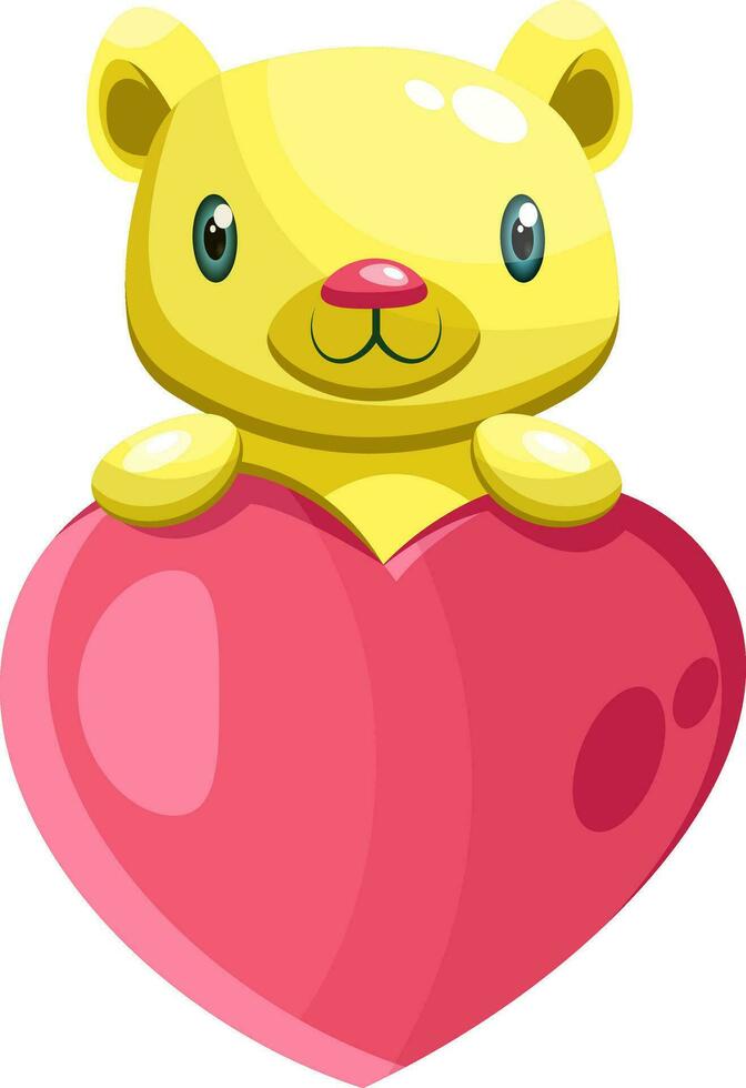 Cute yellow bear holding a big pink heart vector illustration on white background.