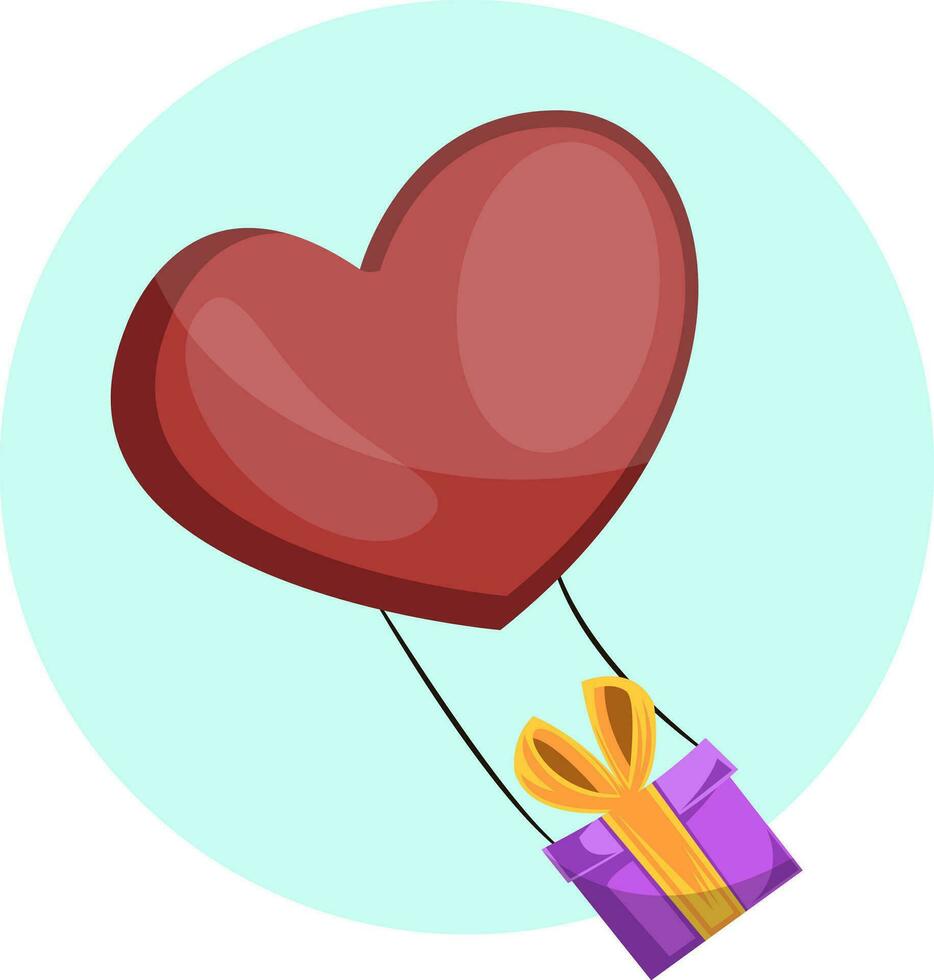 Purple gift box with yellow ribbon tied on a heart shaped red balloon vector illustrtation in light blue circle on white background.