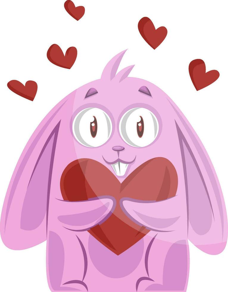 Pink bunny holding a heart vector illustration on white background.