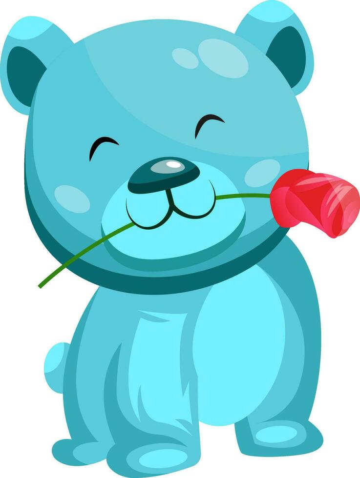 Turquoise bear holding a red rose in his mouth vector illustration on white background.