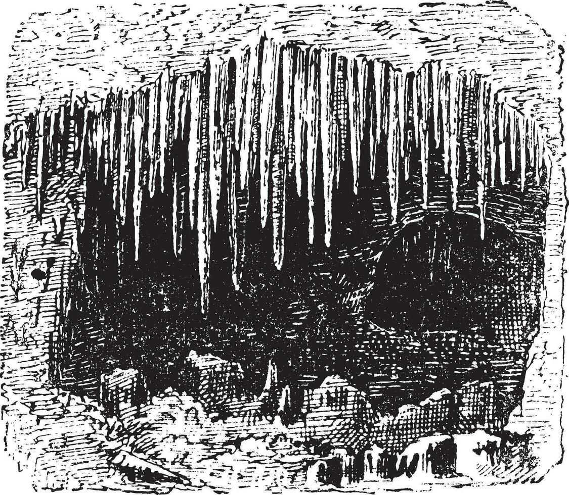 Stalactite in cave, vintage engraving. vector