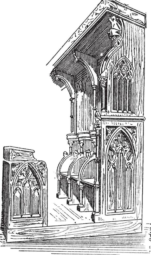 Church stall at Anellau, France, vintage engraving. vector