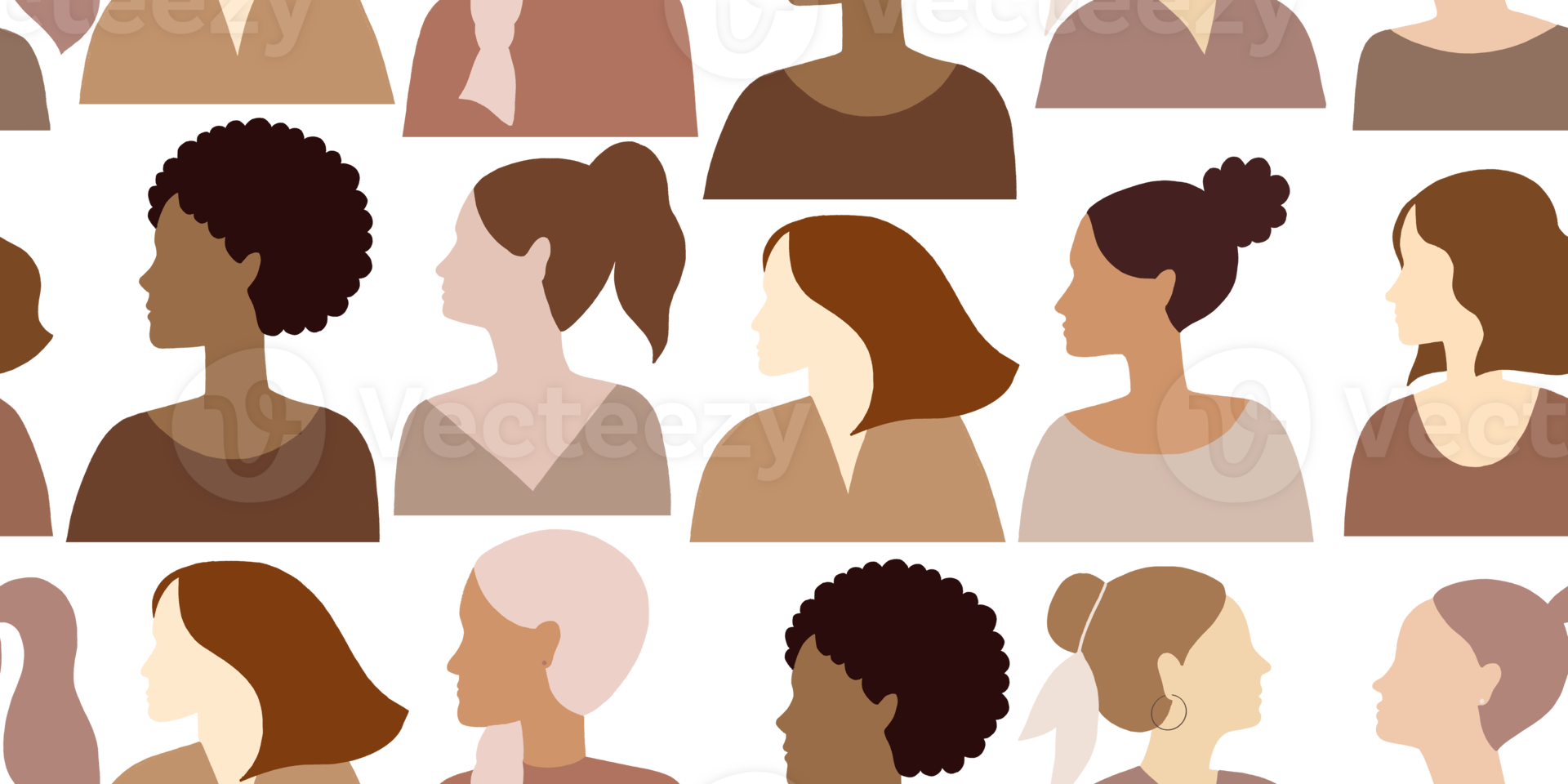 desatado padronizar ilustração com mulheres diferente nacionalidades e culturas. mão desenhado menina retrato. multinacional grupo do mulheres dentro na moda caloroso Castanho cor paleta plano estilo. 8 marcha png