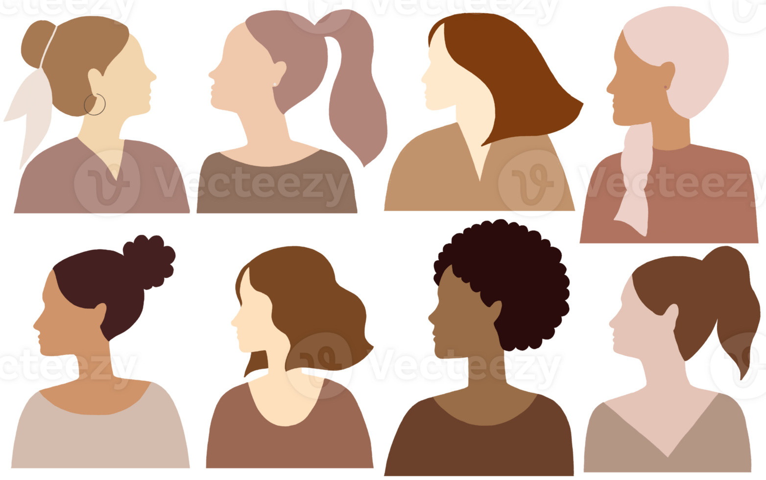 Female diverse faces of different ethnicity. International women's day hand painted flat illustration.  Struggle for freedom and  independence, equality.. png