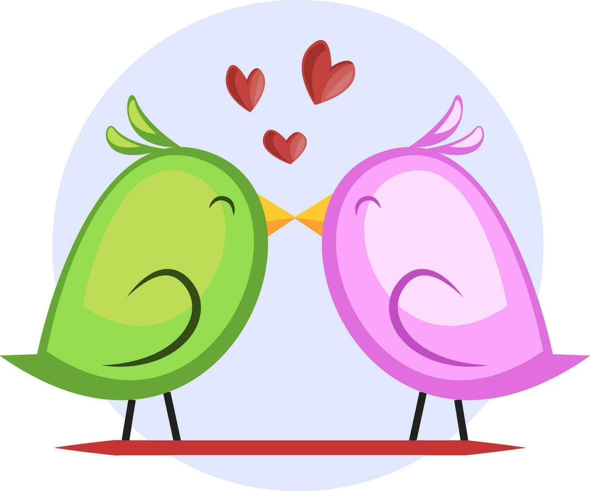 A green bird and a violet bird kissing vector illustrtation in light blue circle on white background.