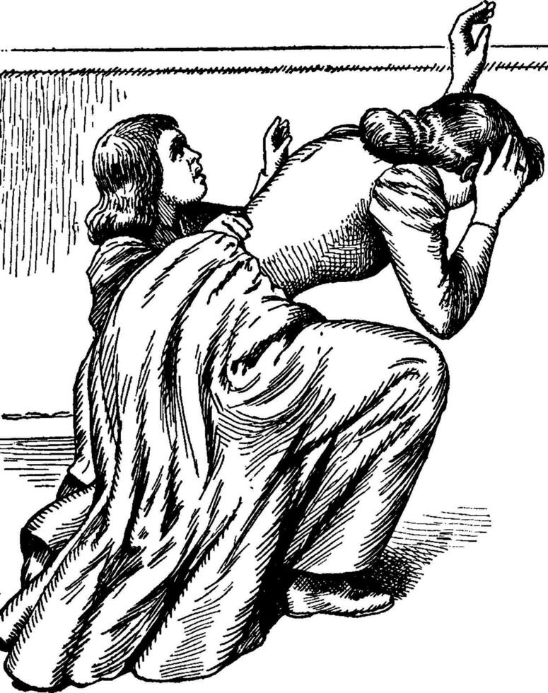 mujer y niño agachado abajo, Clásico ilustración vector