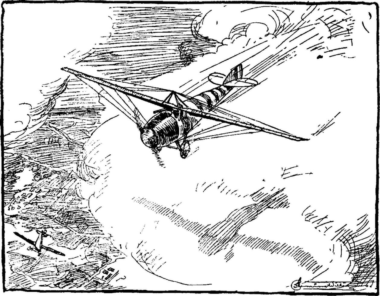 Airplane Flying Above Land, vintage illustration. vector