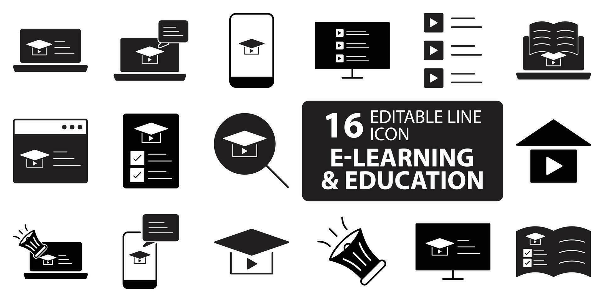 e-learning negro llenar icono colocar. en línea educación elementos icono colocar. inteligente aprendiendo. en línea matrícula, aprendizaje electrónico, vídeo cursos, graduación, educación moderno. negro llenar icono para en línea icono vector