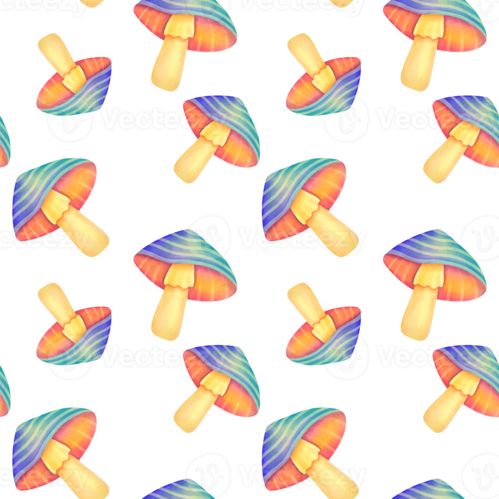magical neon fairy mushrooms background. Bright unusual Fantastic alien Vibrant groovy, funky fungus seamless pattern. watercolor botanical clip art cut out illustration png