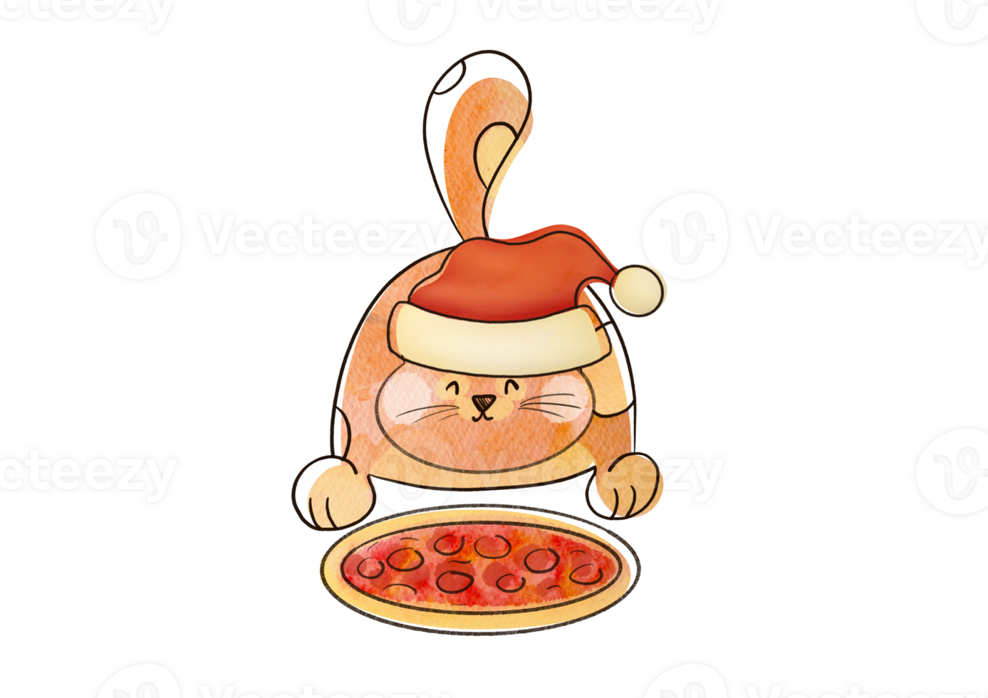 watercolor cat in Santa Claus hat and pizza. domestic animal, festive dinner new year christmas home decoration poster, party flyer. holiday cute illustration on transparent background png