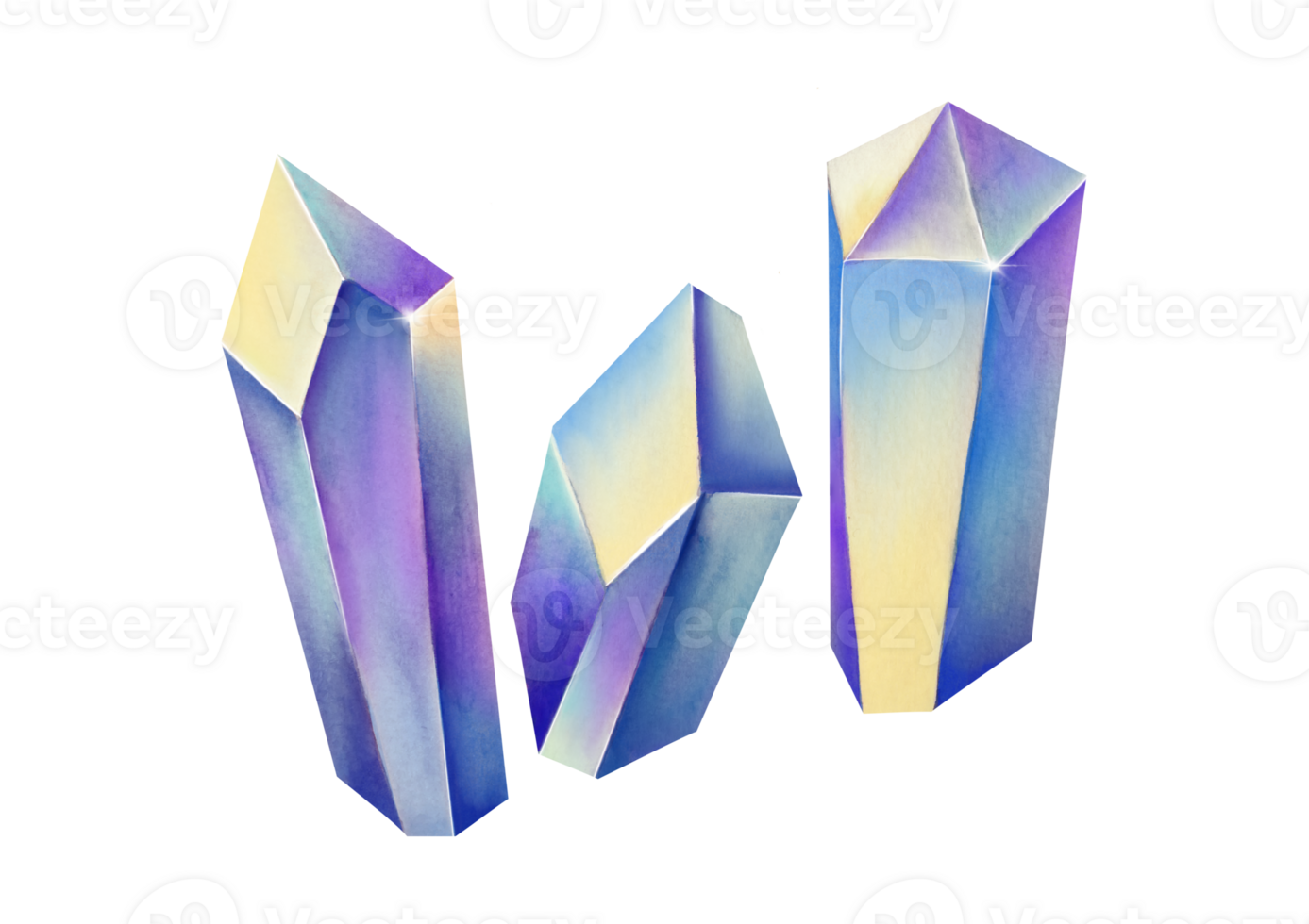 Set of Purple Magic crystals for magical staff, amulets. collection of glow, energy crystals for game design, quests. watercolor clip art, cut out gemstones illustration on transparent background png