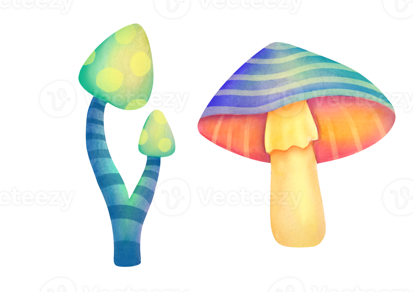 magical neon fairy mushrooms collection, set. Bright unusual Fantastic alien Vibrant groovy, funky fungus game asset. watercolor botanical clip art cut out illustration on transparent background png