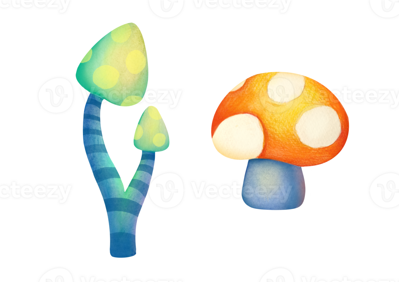 magical neon fairy mushrooms collection, set. Bright unusual Fantastic alien Vibrant groovy, funky fungus game asset. watercolor botanical clip art cut out illustration on transparent background png