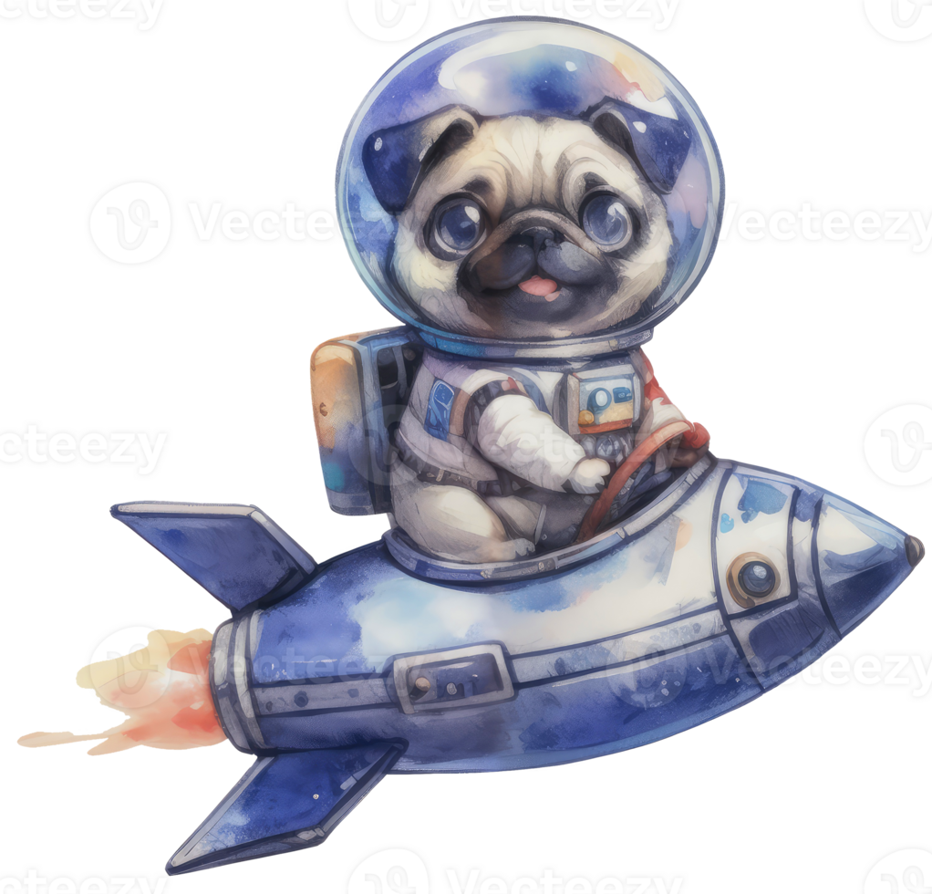 ai generiert ein Mops Astronaut selbstbewusst Lenkung ein bunt Raumschiff png