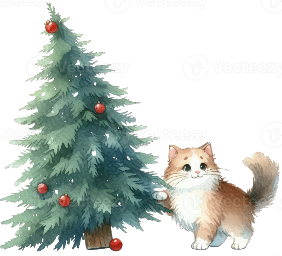 ai generiert ein Katze Klopfen Über Weihnachten Baum png