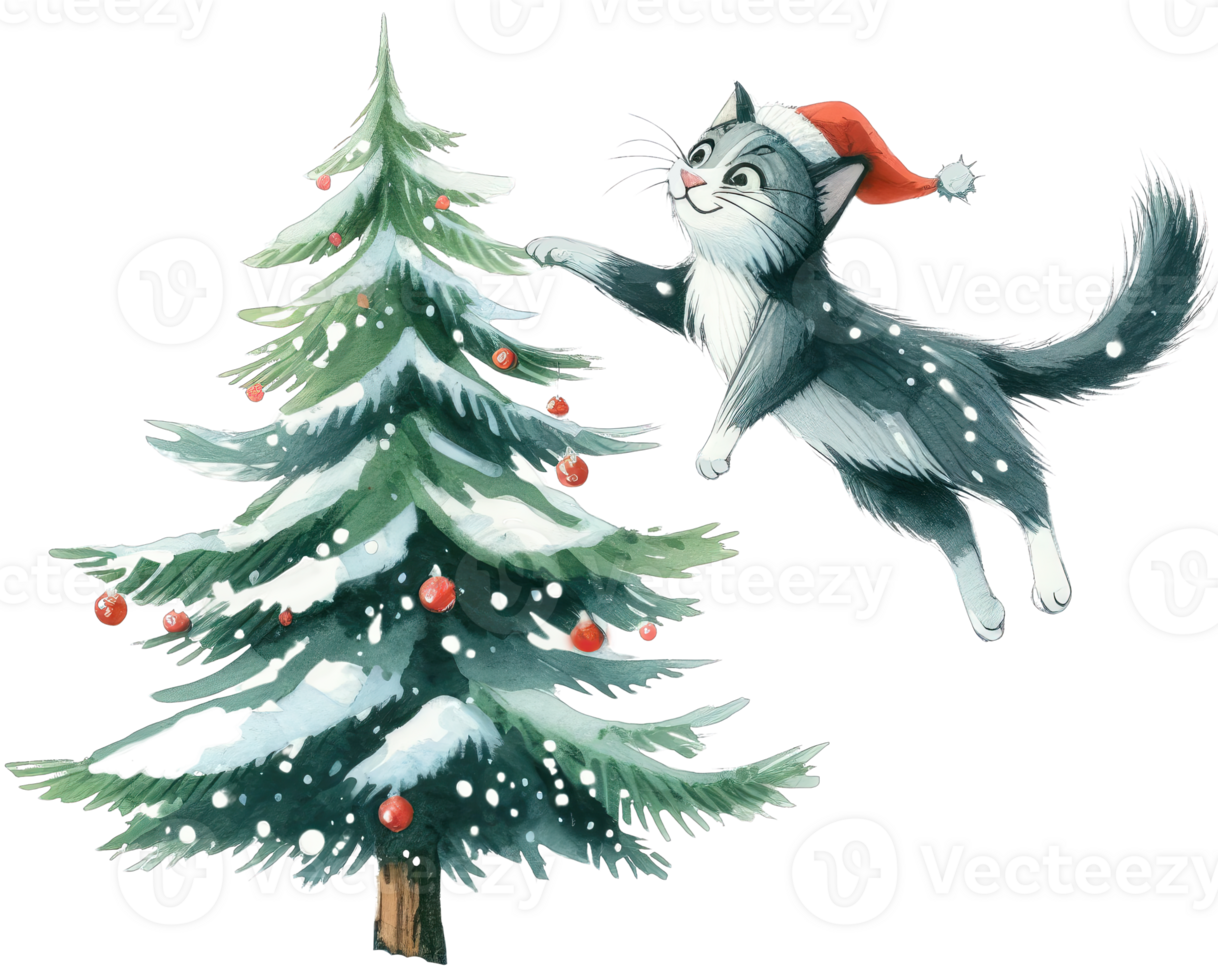 ai generiert ein Katze Klopfen Über Weihnachten Baum png