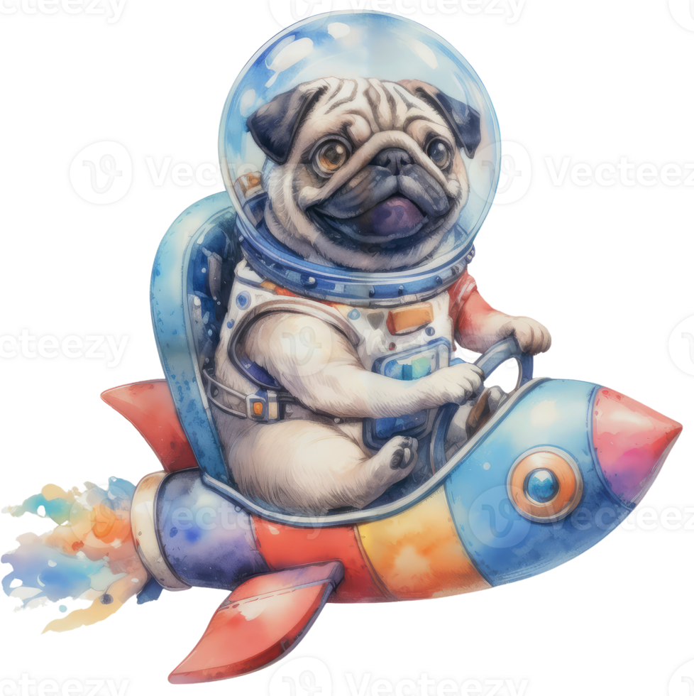 ai gerado uma pug astronauta com confiança direção uma colorida nave espacial png