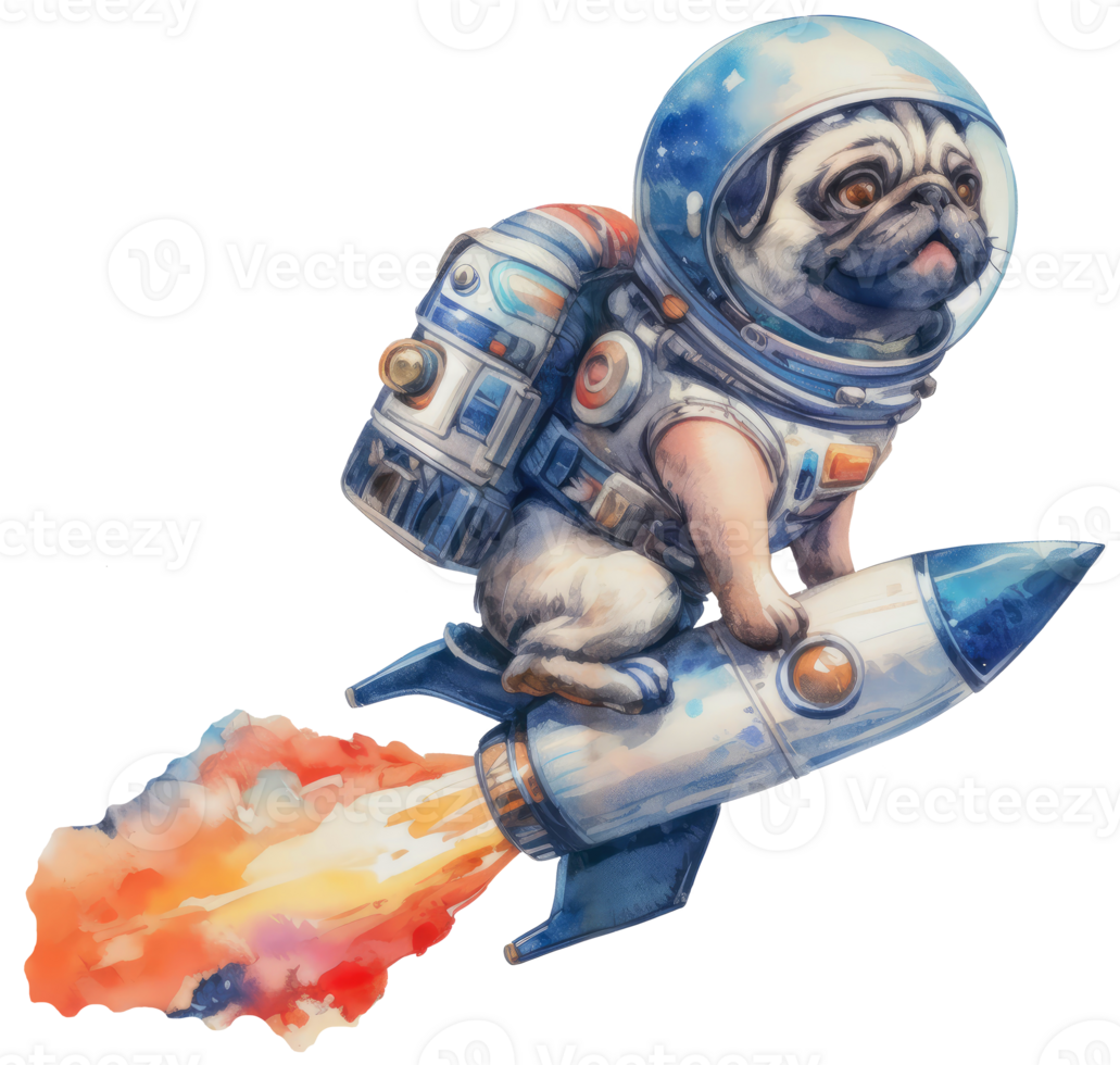 ai genererad en mops astronaut självsäkert styrning en färgrik rymdskepp png