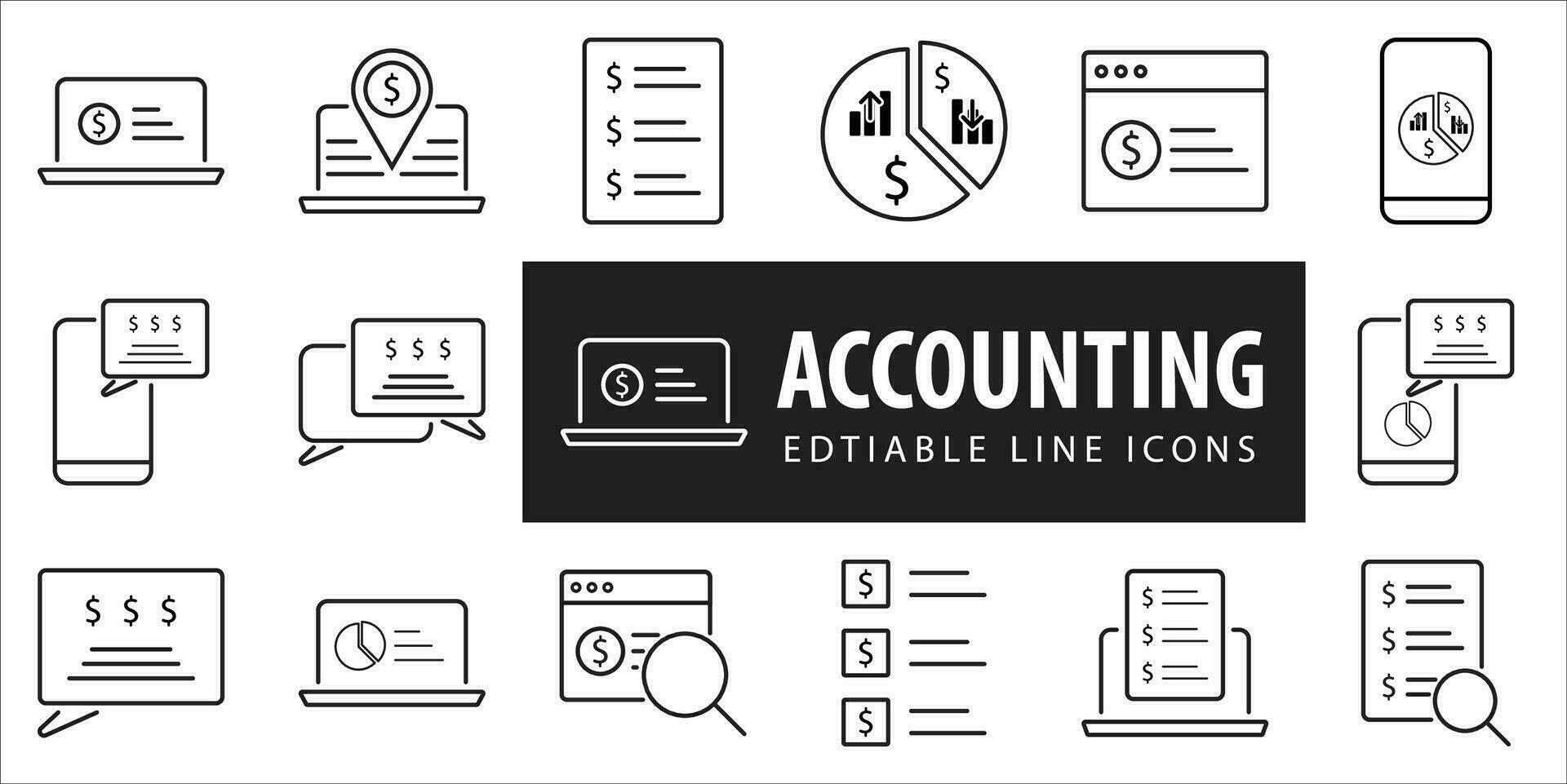 Accounting set of web icons in line style. Accounting and audit icons for web and mobile app. Containing finance report and invoice, tax return, accounting, auditing, inspection. Editable Line, ... vector