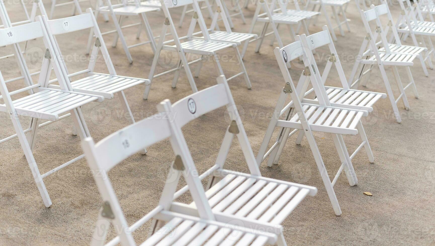Social distancing during Covid or Coronavirus crisis, chairs keeping distance during a show, concert or exhibition, theater or cinema photo