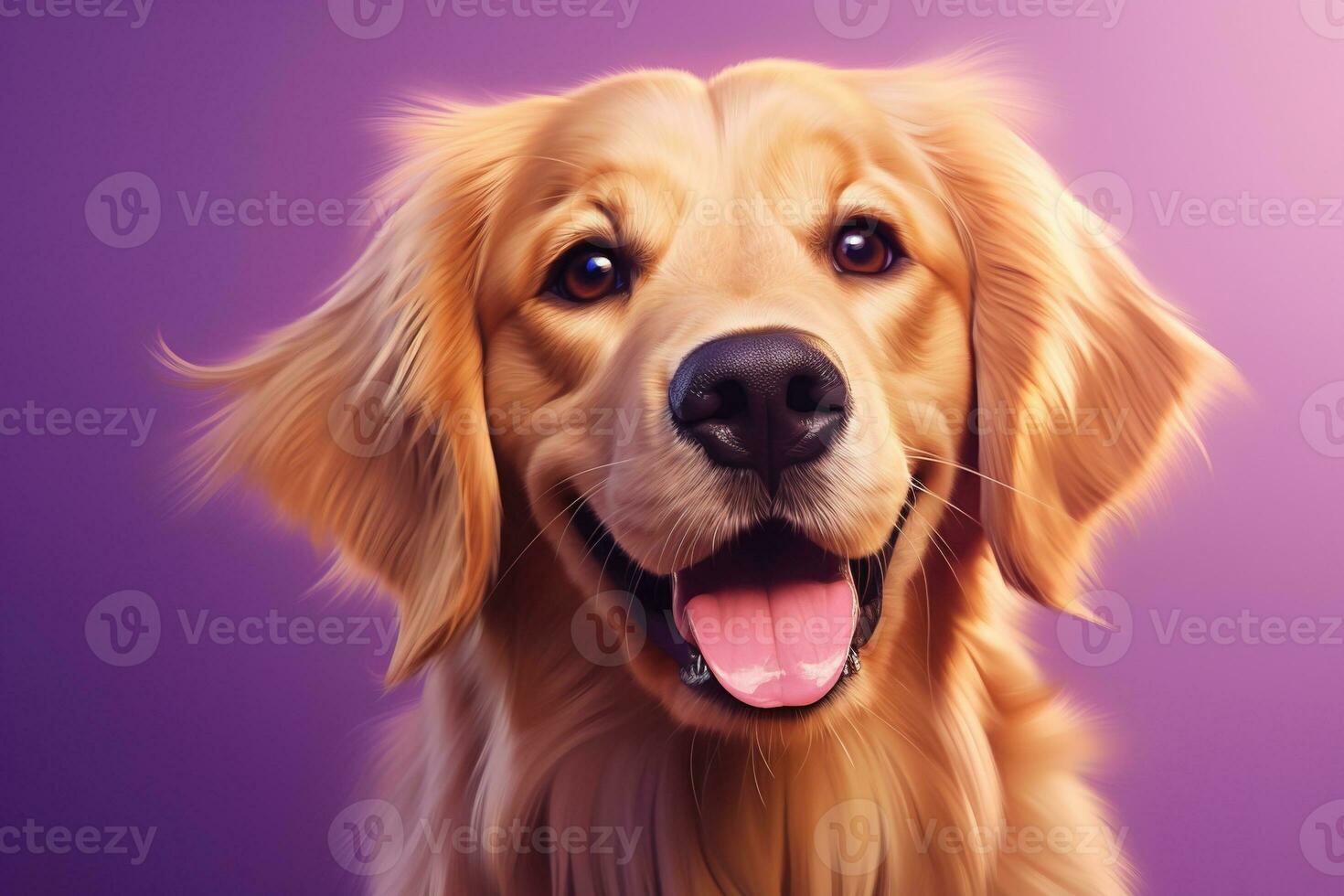 AI generated A close-up portrait of a golden retriever puppy on a purple background photo