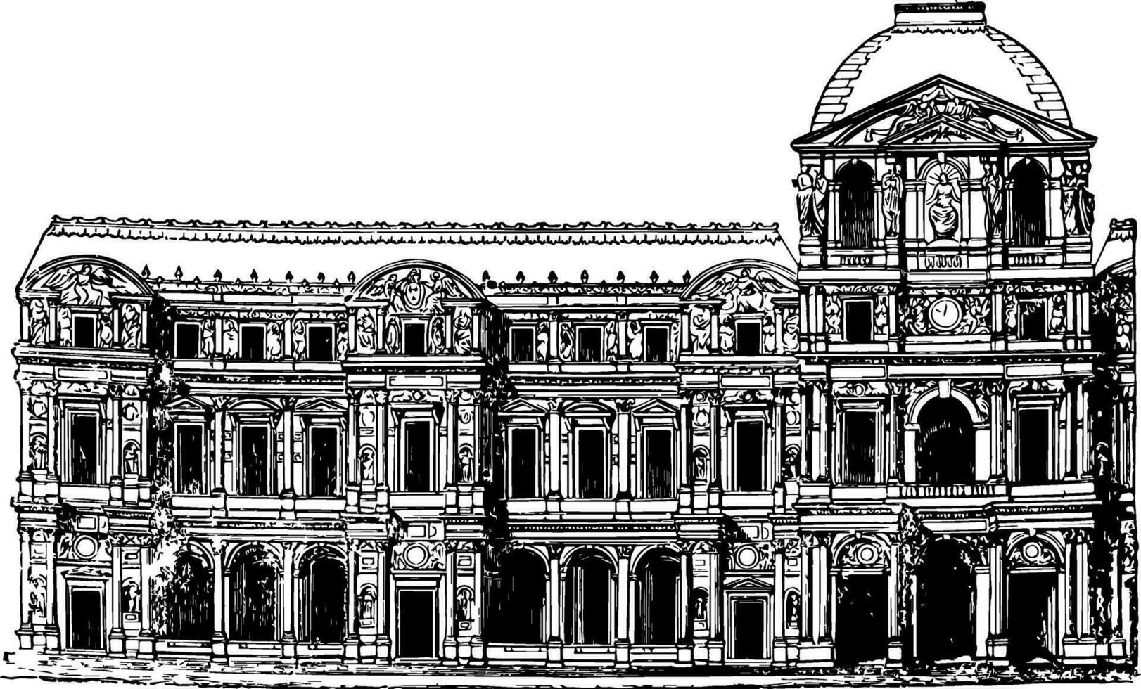 Inner Facade of the Louvre the national museum of France vintage engraving. vector