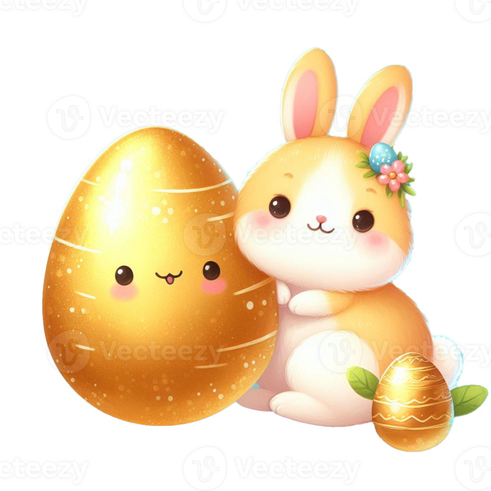AI generated Watercolor golden egg and cute bunny, hand drawn pastel Easter egg day. on transparency png file format