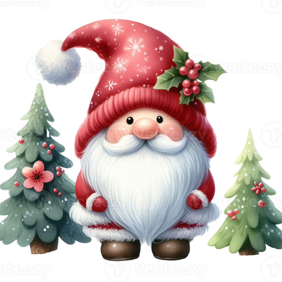 cute gnome santa claus cartoon hand draw cartoon style and christmas tree, santa holding gift box with candy cane watercolor clipart on png transparency