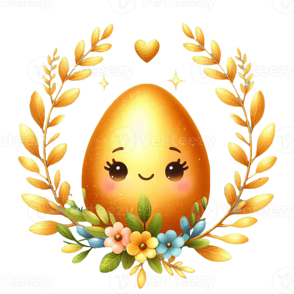 AI generated Watercolor golden egg and cute bunny, hand drawn pastel Easter egg day. on transparency png file format